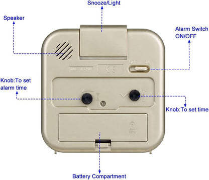 Small Battery Operated Analog Travel Alarm Clock Silent Non Ticking,Gentle Wake, Ascending Beep Sounds, Snooze,Lighted on Demand,Easy Set(Gold)