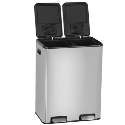 PayLessHere Trash Can, 16 Gallon (2x8G) 60 Liter Rectangular Trash Cans Stainless Steel Step Trash Can with Inner Buckets and Hinged Lids, Suitable for Kitchen Office Home Use,Silver