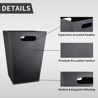 Pu Leather Trash Can for Bedroom, 16L/4.2 Gallon Office Wastebasket with Handles for Near Desk, Black Bathroom Garbage Cans for Home Decorative, Square Waste Basket Bin for Dorm Easy to Clean