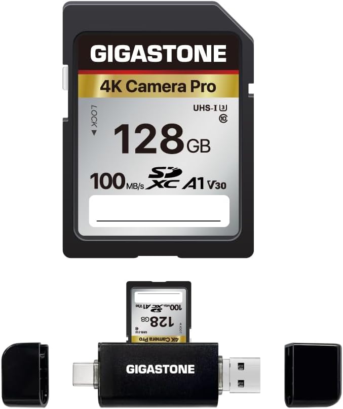 【5-Years Data Recovery】 GIGASTONE 128GB SD Card with USB Type C Card Reader, 4K Camera Pro, A1 V30 U3 SDXC Memory Card Compatible with Canon Digital Camera, with 1 Mini case