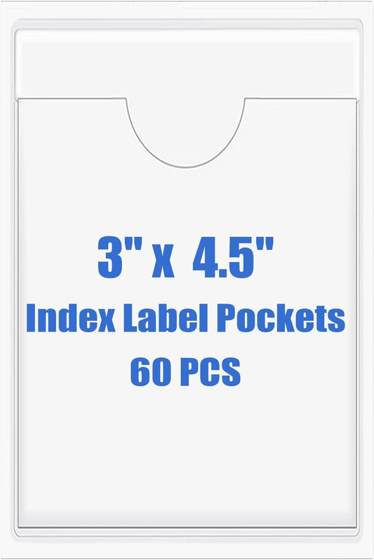 Origin-Joy 60 PCS Self Adhesive Index Card Pockets with Top Open, Clear Plastic Label Holder for Cards of Note, Library and Business, Adhesive Label Pockets & Card Holder (3 x 4.5 inch)