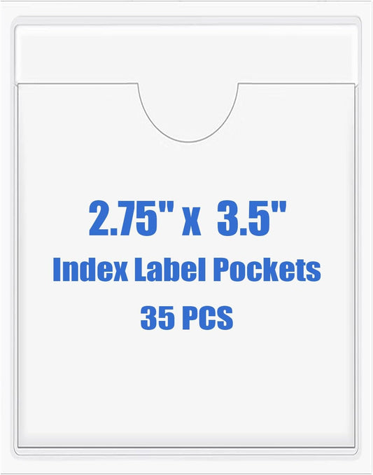 Origin-Joy 35 PCS Self Adhesive Index Card Pockets with Top Open, Clear Plastic Label Holder for Cards of Note, Library and Business, Adhesive Label Pockets & Card Holder (2.75 x 3.5 inch)