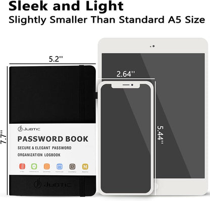 JUBTIC Password Book with Alphabetical Tabs Medium Size Password Keeper Logbook for Internet Log in Website Address Detail. Hardcover Password Notebook Journal & Organizer for Home Office, Black