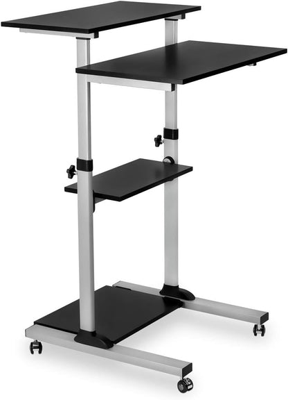 Mount-It! Rolling Desk Adjustable Height up to 54.7", Portable Standing Desk for Laptop or Podium Stand with Wheels, Mobile Roller Presentation Cart, Computer Work Station 27.5" Wide, Locking Wheels
