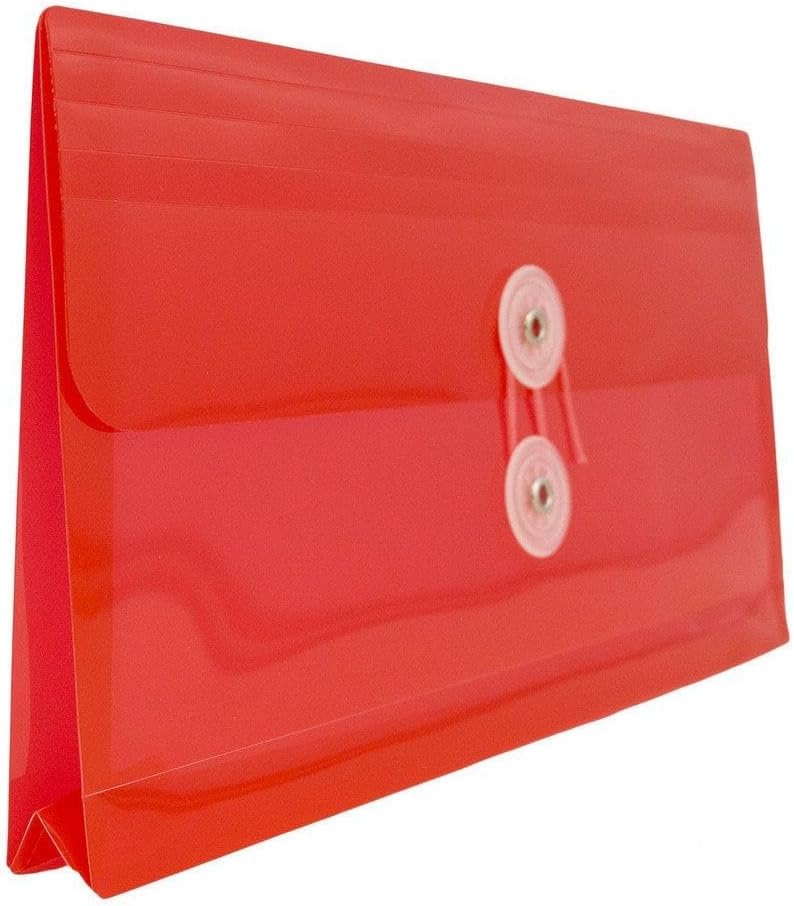 JAM PAPER Plastic Envelopes with Button & String Tie Closure - #10 Business Booklet - 5 1/4 x 10 - Red - 3/pack