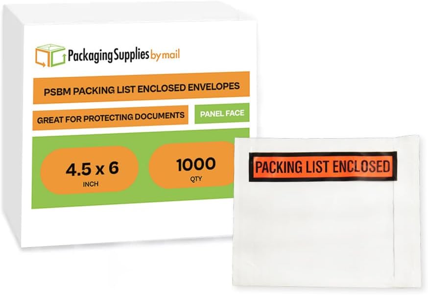 PSBM Packing List Enclosed Envelope Panel Face Back Side Load 4.5" x 6" 1000 Pcs Printing Pouch Envelope Bag for Invoice Packing Slip, Written in Orange/Black