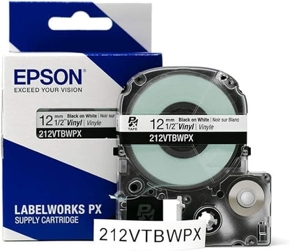 Epson LABELWORKS 212VTBWPX-5PK Genuine Tape Cartridge - 5 Pack Black on White Flexible and Durable Vinyl Industrial Label Maker Tape - 1/2" (12MM) Wide, 22.9 ft - 5 Cartridges
