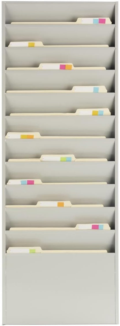 Displays2go Office File Folder Wall Rack, 11 Tiered Pockets, Medical Chart Folders (Putty/Powder Coated Steel)