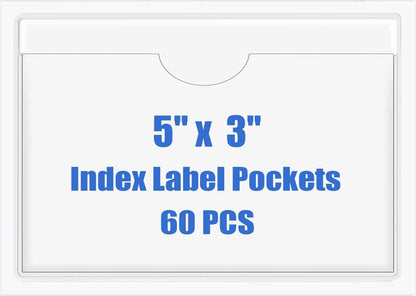 Origin-Joy 60 PCS Self Adhesive Index Card Pockets with Top Open, Clear Plastic Label Holder for Cards of Note, Library and Business, Adhesive Label Pockets & Card Holder (5 x 3 inch)