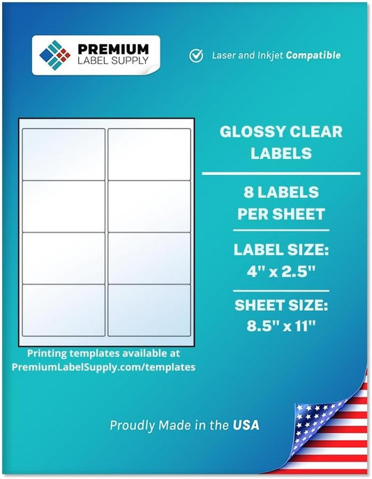 Premium Label Supply Glossy Clear Address Labels – 4" x 2.5" – Laser/Inkjet Compatible – (8 per Sheet), 100 Sheets – 800 Total Adhesive Labels