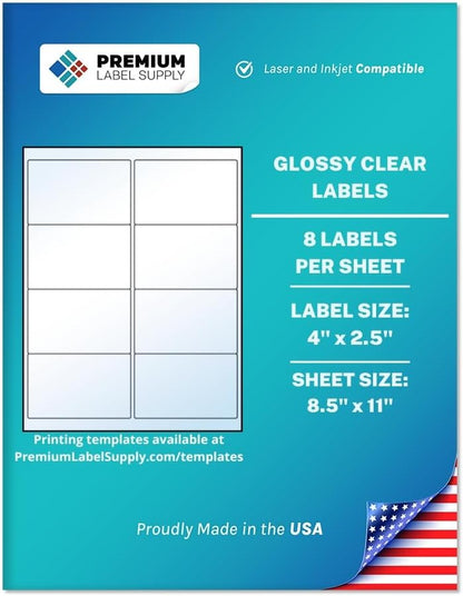 Premium Label Supply Glossy Clear Address Labels – 4" x 2.5" – Laser/Inkjet Compatible – (8 per Sheet), 10 Sheets – 80 Total Adhesive Labels