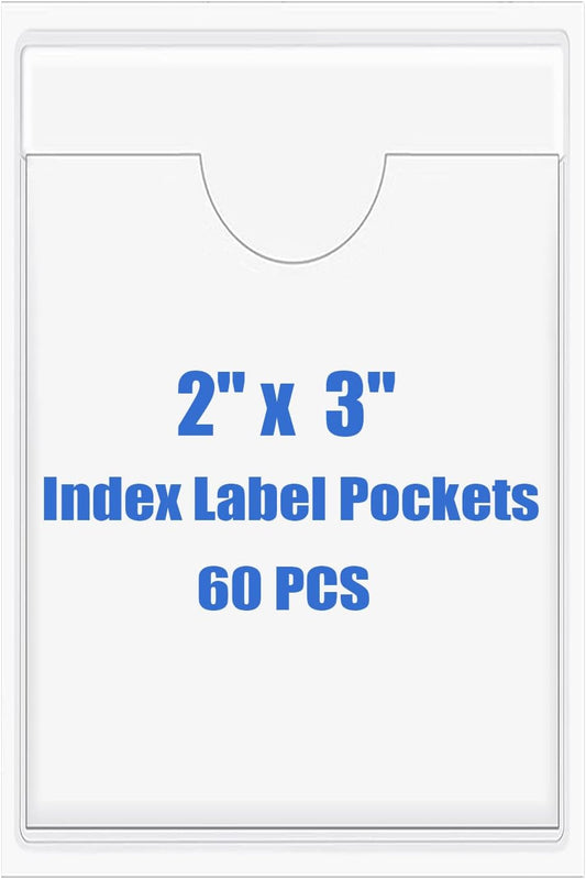 Origin-Joy 60 PCS Self Adhesive Index Card Pockets with Top Open, Clear Plastic Label Holder for Notes, Library and Business, Adhesive Label Pockets & Holder (2 x 3 inch)