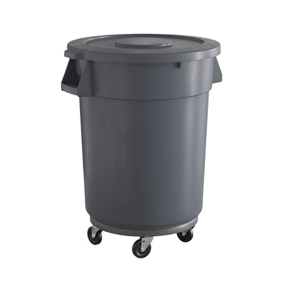32 Gallon Gray Round Commercial Trash Can with Lid and Dolly