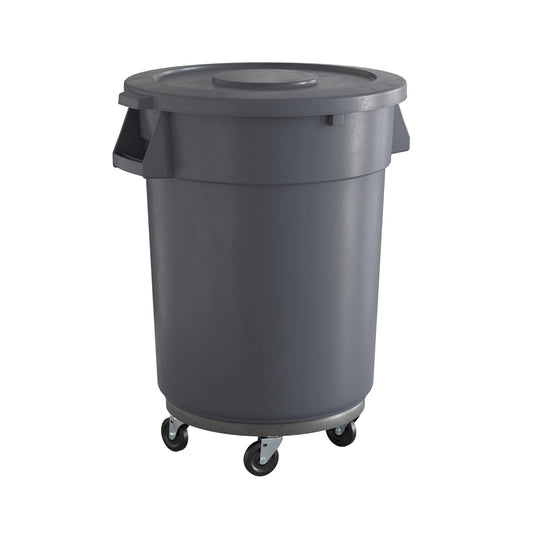 32 Gallon Gray Round Commercial Trash Can with Lid and Dolly