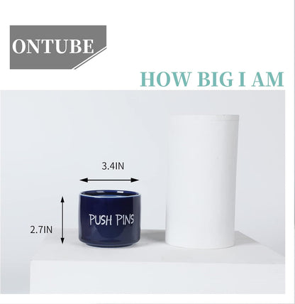 Ceramic Push Pins Holder, Paper Clips Dispenser Organizer for Desk and Binder Clips Holders Container for Office School Home Supplies 3.4Inch, Navy