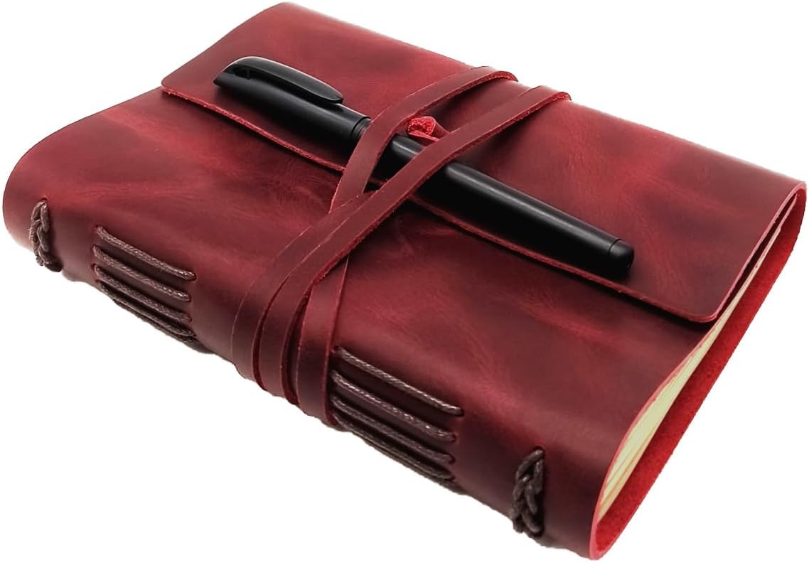 Red Notebook Journal - Nice Genuine Leather Journaling for writers A5 Size Diary 6.2x8.5 Inch,Notepad For Women,Man,Vintage,Gifts,Work,Traveler,Personal,Wine Red