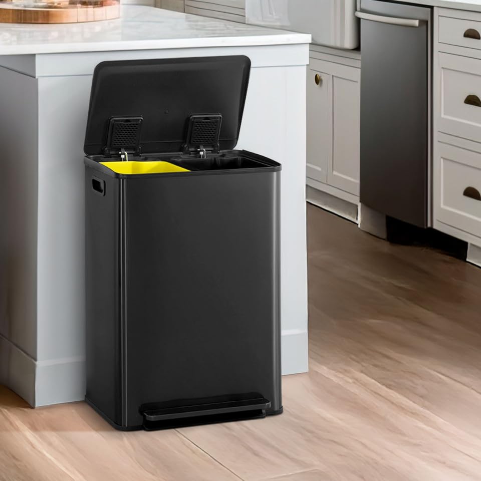 CAPHAUS Black Dual Trash Can w/Single Lid, Trash & Recycle Bins Combo, Hands-Free Stainless-Steel Garbage Can for Kitchen, with 2 Compartment, Hinged Lid, Odor Filters, Handles, 30L+30L, 2 x 8 Gal