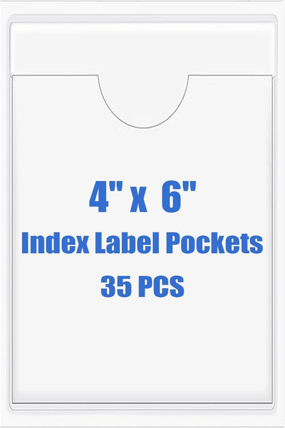 Origin-Joy 35 PCS Self Adhesive Index Card Pockets with Top Open, Clear Plastic Label Holder for Cards of Note, Library and Business, Adhesive Label Pockets & Card Holder (4 x 6 inch)