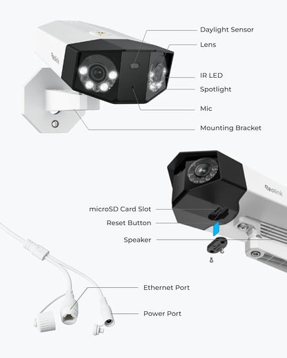 REOLINK Duo 3 PoE 16MP UHD Dual-Lens PoE Security Camera with 180° Panoramic View, Motion Track, F1.6 Color Night Vision, Person/Vehicle/Animal Detection, 2 Way Talk, Supports 24/7 Recording