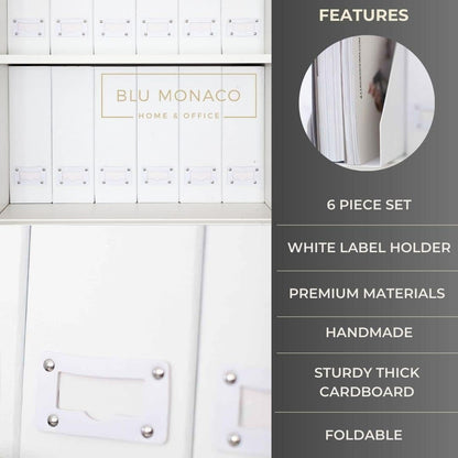 BLU MONACO Set of 6 Foldable White Magazine File Holder with White Leather Label Holders – Stylish Cardboard Desk Organizer Vertical File Organizers Magazine Storage for Workspace and Shelves