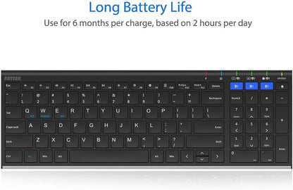 Arteck HB193 Universal Bluetooth Keyboard Multi-Device Stainless Steel Full Size Wireless Keyboard for Windows, iOS, Android, Computer Desktop Laptop Surface Tablet Smartphone Rechargeable Battery