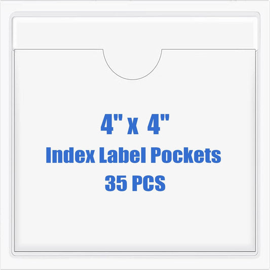 Origin-Joy 35 PCS Self Adhesive Index Card Pockets with Top Open, Clear Plastic Label Holder for Cards of Note, Library and Business, Adhesive Label Pockets & Card Holder (4 x 4 inch)