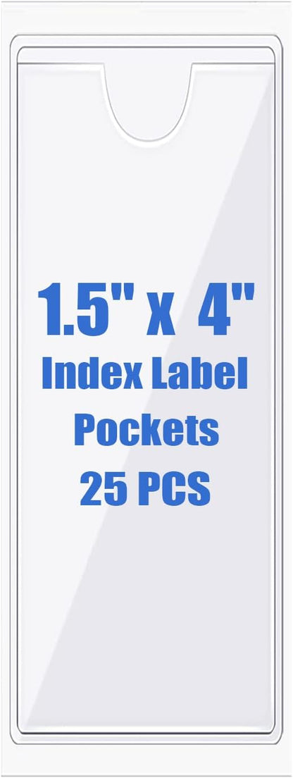 Origin-Joy 25 PCS Self-Adhesive Index Label Pockets, Clear Plastic Peel & Stick Card Holders with Top Open for Loading (1.5 x 4 inch)