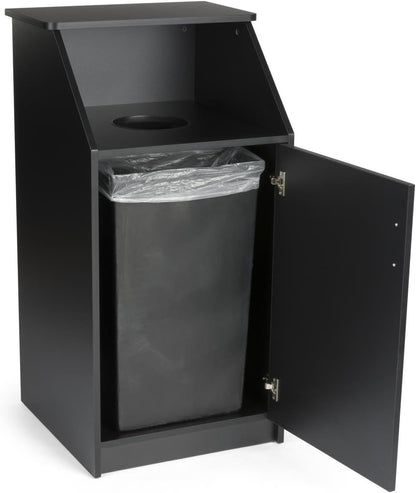 Displays2go Commercial Trash Bin with Black Finish, MDF Construction, Melamine Finish, Circular Cutout - Hinged Door (LCKDTLCSBK)