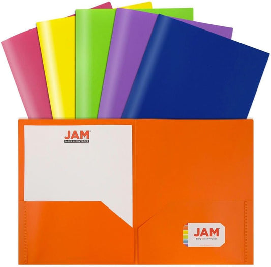 JAM PAPER Plastic 2 Pocket POP Folders - Durable School Folders - Assorted Primary Colors - Bulk 48 Folders/Box (8 Assorted Packs of 6)