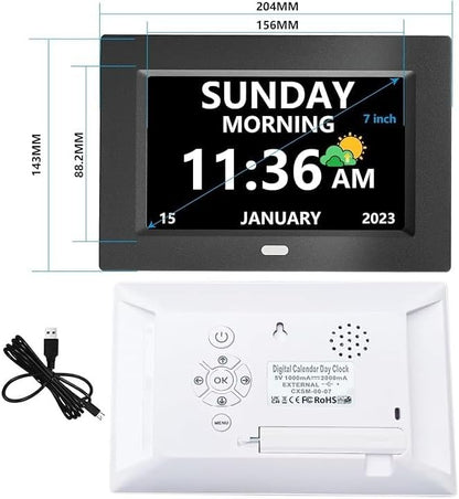 7 Inch Digital Clock with Day and Date for Elderly Alzheimer's Clock Customizable Alarms 3 Display Modes Large Font Alarm Clock for Seniors Auto DST Black