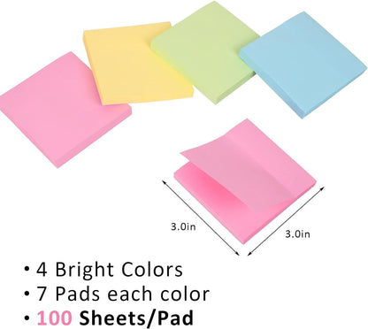 HappyHapi Sticky Notes 3x3 Inches Bulk 28 Pack 2800 Sheets Colored Self-Stick Pads, 100 Sheets/Pad, 4 Bright Colors (Yellow, Green, Pink, Blue) for Office Supplies, School, Home