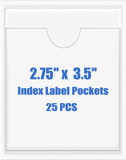 Origin-Joy 25 PCS Self-Adhesive Index Label Pockets, Clear Plastic Peel & Stick Card Holders with Top Open for Loading (2.75 x 3.5 inch)