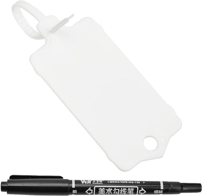 100pcs Blank Plastic Tags for Labeling Reusable Hanging Tags Ties Key Tag Storage Labels Waterproof Plastic Mark Label Writable Hang Sign with One Marker Pen (White)