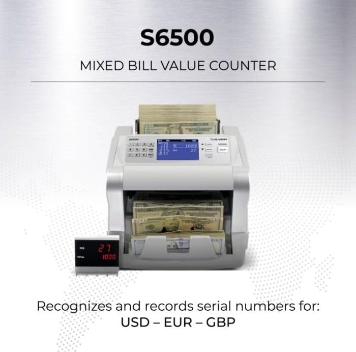 USD EUR CAD GBP MXN Money Counter Machine, Quick Mixed Denomination Bill Counter, Counterfeit Detection UV/MG/IR/DD/MT/DBL/HLF/CHN, with Printer Included, S6500