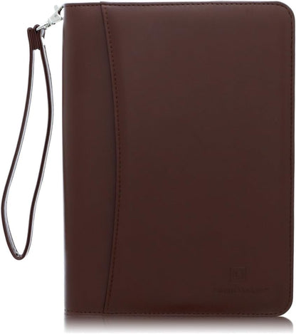 Zippered Portfolio Binder with Junior Legal 5x8 Notepad - Dark Brown PU Faux Leather Business Padfolio Organizer Folder with 8 Inch Tablet Sleeve & Gift Box by Lautus Designs