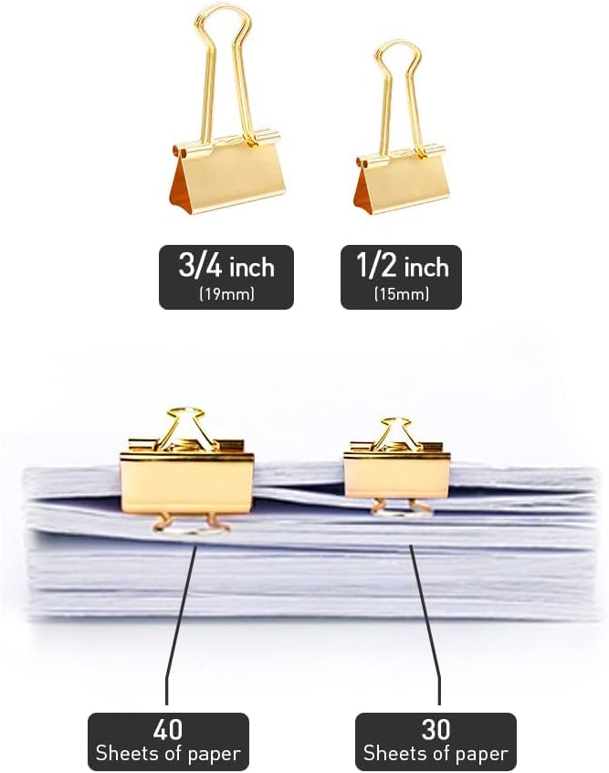 Medium Binder Clips Width 1.25 Inch Capacity 0.6 Inch Gold 24 PCS, Binder Clips 32mm for Teacher School Office and Business