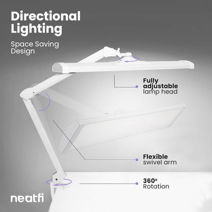 Neatfi Ultra 3,500 Lumen LED Desk Lamp, 45W, 26-Inch Wide Metal Shade, 270 SMD LEDs (Non-CCT with Clamp, White)
