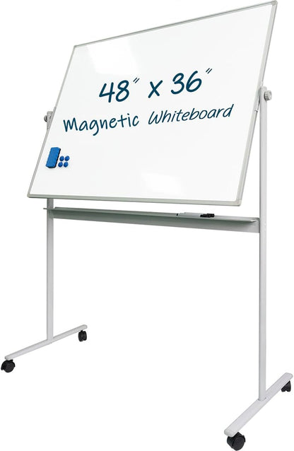 Rolling Whiteboard Magnetic Writeboard 48"x36" Flip Chart with 4 Wheels 2-in-1 Easel-Style Dry Erase Boards 2-in-1 Message Bulletin Board (White)