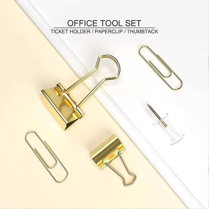 10 Pack, Gold Paper Clips and Binder Clips Set, Metal Assorted Sized Binders with Push Pins, Cute Gold Office Supplies for Desk, Desk Accessories