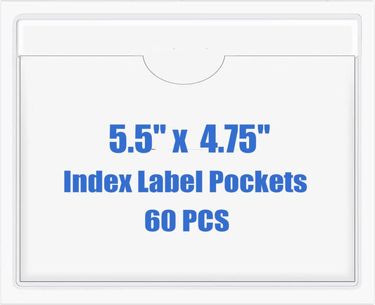Origin-Joy 60 PCS Self Adhesive Index Card Pockets with Top Open, Clear Plastic Label Holder for Cards of Note, Library and Business, Adhesive Label Pockets & Card Holder (5.5 x 4.75 inch)