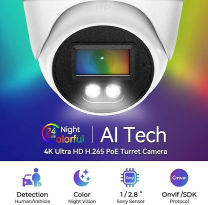4K PoE Security Camera, 8MP IP Turret Dome, Big Sensor, Built-in Microphone, Smart Dual-Light Color Night Vision, IP67 Outdoor/Indoor, NDAA Compliant, ONVIF Compatible