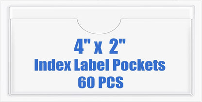 Origin-Joy 60 PCS Self Adhesive Index Card Pockets with Top Open, Clear Plastic Label Holder for Cards of Note, Library and Business, Adhesive Label Pockets & Card Holder (4 x 2 inch)