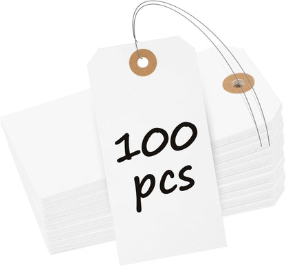 Uniclife 100 Pcs Manila Tags White Blank Shipping Tags with Wire Attached 4.7 Inch Paper Tags Hang Tags with Reinforced Eyelet Large Marking Tags Writable Price Tags Inventory Label Tags, 4.7" x 2.36"