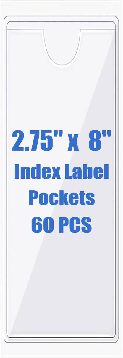 Origin-Joy 60 PCS Self Adhesive Index Card Pockets with Top Open, Clear Plastic Label Holder for Cards of Note, Library and Business, Adhesive Label Pockets & Card Holder (2.75 x 8 inch)