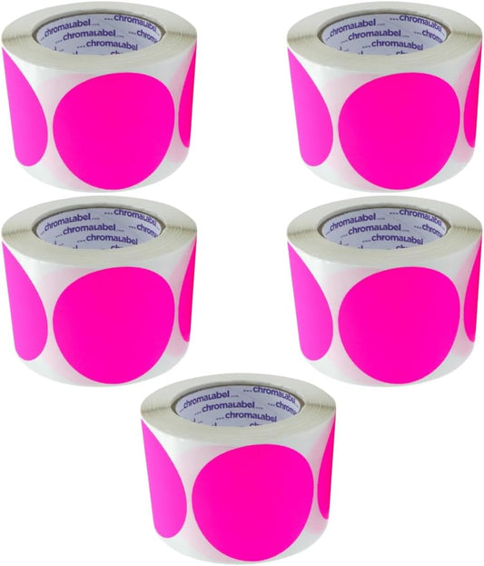 ChromaLabel 3 Inch Circle Sticker Labels, High Visibility Round Colored Stickers, Permanent Stickers, Fluorescent Pink Label Sticker, 500 Labels Per Roll - Case of 5