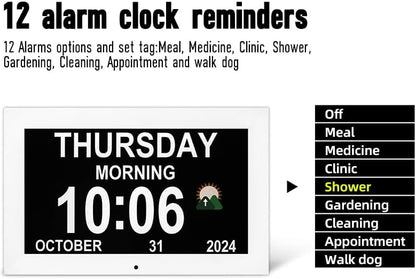 Large Digital Clock, Wall Clock with time, Digital Alarm Clocks for Elderly, Dementia Clock That Provides Alarms and electronicl Calendar for Seniors.(White, 10.1 inches)