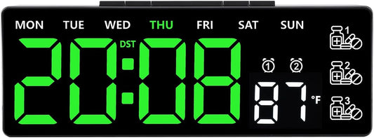 8 Inch LED Digital Desk Clock with Medication Reminders – Large Display with Time, Date, Day, Temperature, Triple Pill Alerts, Dual Alarm, Silent Clock for Home and Office,Green
