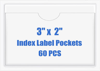 Origin-Joy 60 PCS Self Adhesive Index Card Pockets with Top Open, Clear Plastic Label Holder for Cards of Note, Library and Business, Adhesive Label Pockets & Card Holder (3 x 2 inch)