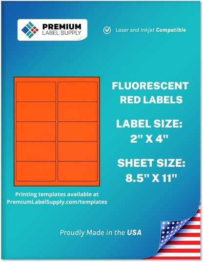 Premium Label Supply Bright Neon Color Fluorescent Stickers - 2" x 4" Labels - (Red Fluorescent, 5000 Labels)
