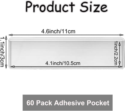60 Pack Clear Self Adhesive Label Pockets, 4 x1 Inch Label Holders Index Card Pockets Card Holder Shelf Label Holder for Organizing